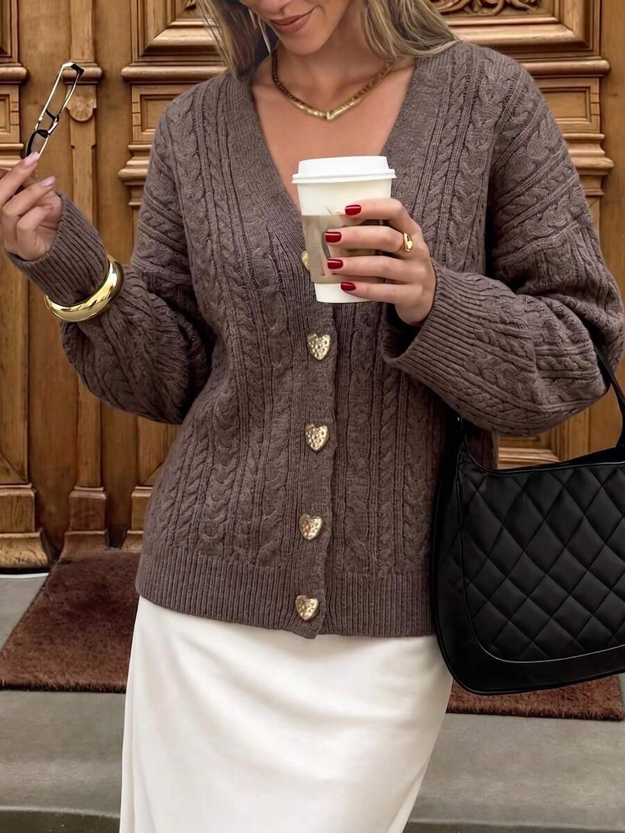 Women's Casual Elegant Heart Gold Button Open Front Solid Color Cable-Knit Drop Shoulder Knitted Sweater Cardigan Top Long Sleeves Office Fall - Brown - View 1