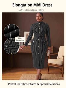 NOU Women's Mid-Length Dress With Small High Neck, Vertical Row Of Multiple Gold Buttons, Faux Pocket Flap With Button, Elastic Striped Fabric - Black and White - View 8
