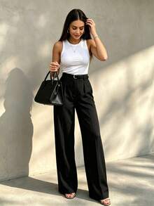 Women's High-Waisted Pleated Loose Fit Trousers, Suitable For Work And Casual Occasions, Black Color (Belt Not Included), Spring/Summer - Black - View 3
