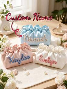Custom Seersucker Makeup Bag Vacation Travel Pouch Personalized Chenille Name Toiletry Bag Summer Beach Bag Organizer Cosmetic Gift For Her - Multicolor - View 1
