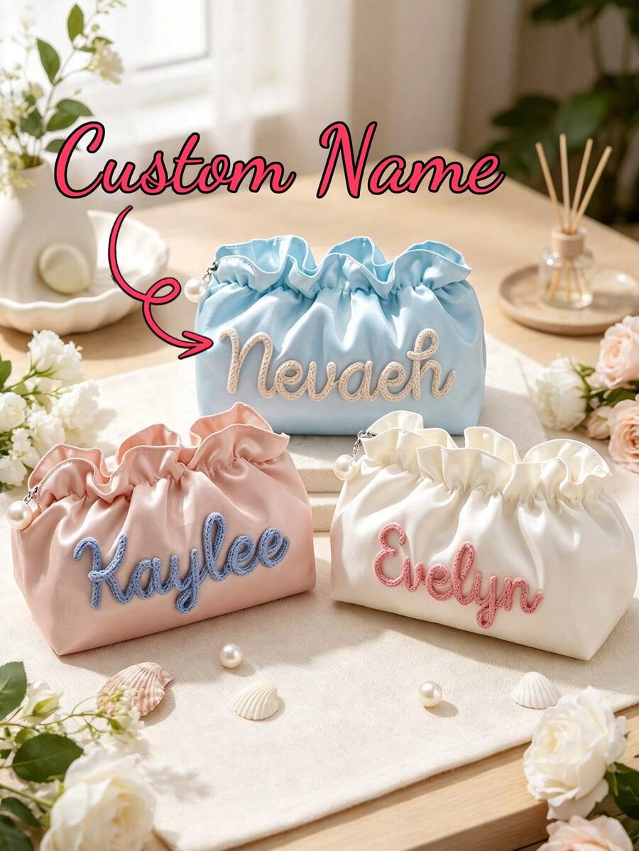 Custom Seersucker Makeup Bag Vacation Travel Pouch Personalized Chenille Name Toiletry Bag Summer Beach Bag Organizer Cosmetic Gift For Her - Multicolor - View 1