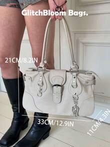 Tas Bahu Kapasitas Besar Gaya Punk Y2K, Tas Tangan Kulit Sintetis dengan Dekorasi Paku Keling & Gesper, Tas Tote Streetwear Gothic untuk Wanita (Tidak Termasuk Liontin atau Stiker) - Dark Grey - View 7