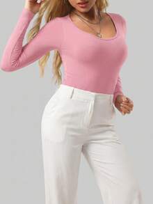 1pc Women's Black Seamless Crew Neck Long Sleeve Shapewear, Full Coverage Comfortable Jumpsuit - Pink - View 4