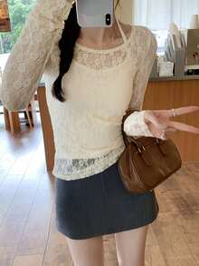 Set 2pcs/Set Atasan Tank Top dan Kaos Model Halter Berenda untuk Wanita - Aprikot - View 4