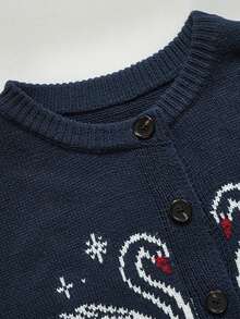 Women's Preppy Navy Knit Cardigan, Crew Neck Swan Jacquard Button Front Long Sleeve Cropped Sweater For Fall Campus Daily - Navy Blue - View 4