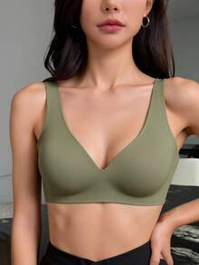 DAZY 女款無線聚攏胸罩 無痕內衣 可拆式墊片 舒適休閒 提拉無縫 V領基礎內衣 - 綠色 - 查看 2