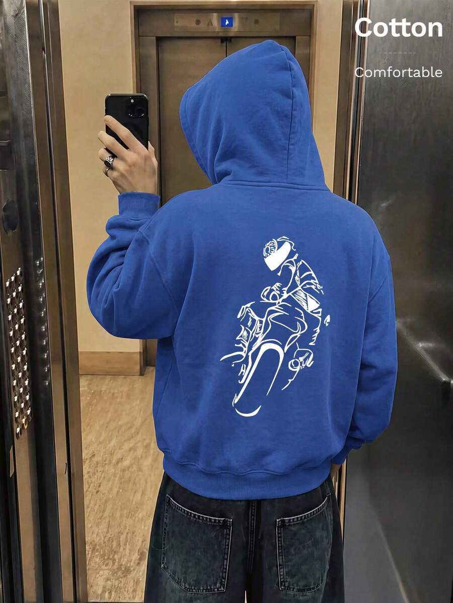 Autumn Men's Blue Hoodie With Back White Cyclist Print Long Sleeve Oversized Y2K - Cailan - View 1