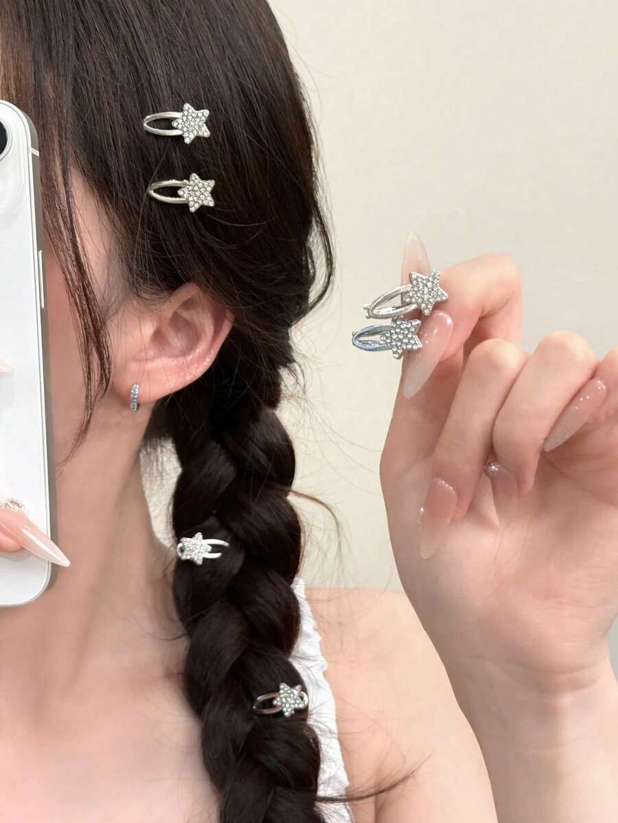 2pcs Elegant Rhinestone Star Hair Clips, High-End Rhinestone Side Hair Clips, Suitable For Front Hair Or Voluminous Hairstyles Mini Hair Clips - Multicolor - View 1