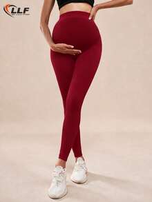 Maternity Seamless Solid Color High Waist Ribbed Waist Yoga Pants Leggings, Basic Slim Fit Sports Long Pants - Burgundy - View 3