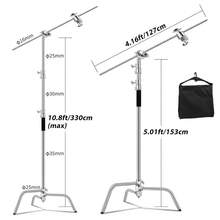 Heavy Duty Stainless Steel 10ft C-Shape Light Stand, Adjustable Height & Sturdy Base, Compatible With Softbox, Reflector, Photography/ Studio Lighting Equipment, Includes Adjustable Arm And Clamp - Silver - View 2