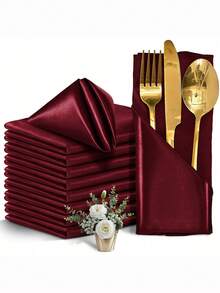 6/12/24pcs Square Satin Napkins, Glossy Silk Napkins, 17 X 17 Inches, Soft Smooth Fabric, Suitable For Wedding Reception Party Decoration (Burgundy) - Burgundy - View 4