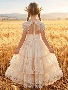 Tween Girl Floral Lace Backless Dress, Teens Short Sleeve Big Hem Flower Girl Wedding Long Gown - بيج - مشاهدة 3