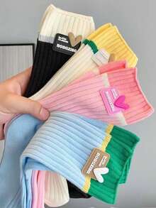 1/4 par de calcetines de media caña para mujer con bloques de color, calcetines de punto con rayas de contraste de dopamina y decoración de etiqueta con corazón, calcetines deportivos casuales suaves, adecuados para combinar con zapatillas, estilo callejero y accesorio de moda de dopamina diario - Multicolor - Ver 16