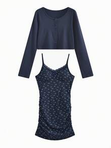 Sexy Lace Ditsy Floral Spaghetti Strap Dress, Fitted Atmosphere Dress For Women - Picture Color - View 7