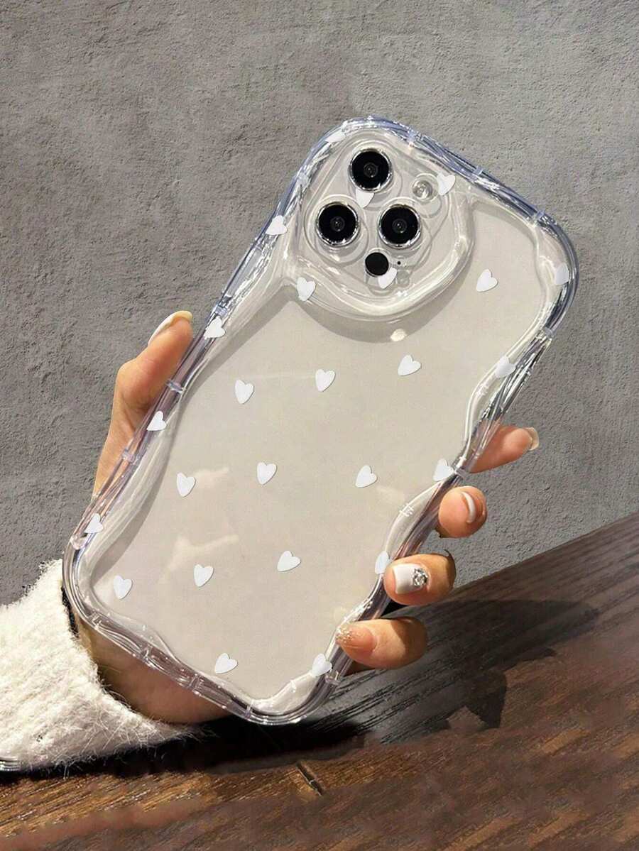 1件白色愛心造型可愛卡通簡約歐美風時尚手機殼，透明3D波浪全包防震，適用於/Spark/Smart/Pop/