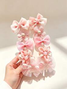 10pcs Sweet Pink Bow & Flower Hair Clips, Cute Lace & Pearl Decorated Hairpins, Women's Daily Hair Accessories Set - Pink - View 3