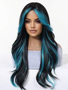 Topshe Ava WIGS 24英吋紅色挑染長波浪假髮，附簾幕瀏海，免膠水耐熱合成髮絲，無蕾絲，女款黑紅混色長波浪假髮，適合日常配戴、派對、Cosplay，多色假髮，女性完美萬聖節禮物 - 藍色 - 查看 6