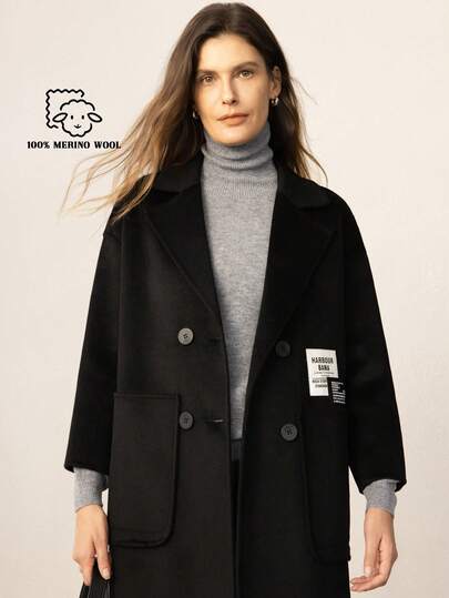 100% Pure Wool Knee-Length Double-Sided Overcoat With Fashion Buttons And Tie
