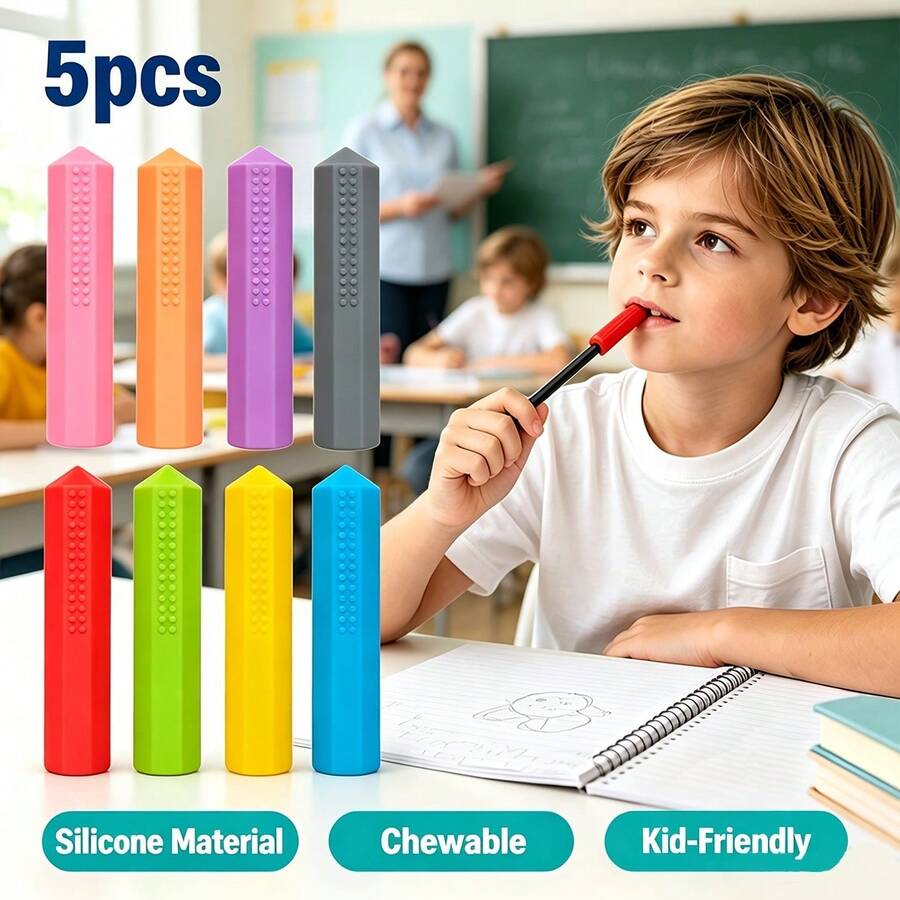 5 Packs Chewable Silicone Pencil Toppers, Random Color Sensory Pencil Grips With Bumpy Texture, Soft Flexible Tip Protectors For Autism, ADHD, Kids, School & Office - Soft Silicone Pen Sleeve - View 1