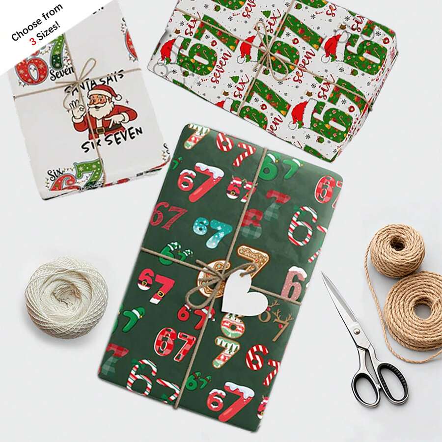 3 Styles Christmas Wrapping Paper, Holiday Designs #6 And #7, Durable Fade-Resistant Gift Wrap With Jute Rope, Fun Holiday Gift Wrapping Supplies For Christmas Gift Wrapping - B - View 1