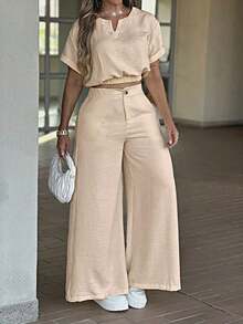 Women's Summer New Solid Color Elegant Zipper & Button Polyester Fabric 2 Pieces Set, Loose & Comfortable For Daily Wear, Vacation, Spring/Summer - Apricot - View 4