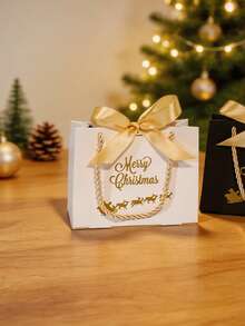 5pcs Luxury Christmas Favor Bags, Festive Mini Paper Gift Packaging With Gold Foil Lettering, Santa Sleigh Design And Matching Bow, Reusable Holiday Bags For Jewelry, Stocking Fillers, Winter Parties And Table Decorations - 14X6X12cm - View 7