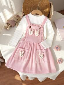 Autumn New Girls Pink Bunny Pinafore Dress Long Sleeve Base Layer T-Shirt Top 2 Pieces Set Versatile Daily Outing Vacation Photo Party - Pink - View 1
