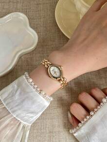1pc Exquisite White Oval Small Dial Unique Gold Strap Thin Bracelet Vintage Style, Suitable For Women's Daily Wear - Gold - View 6
