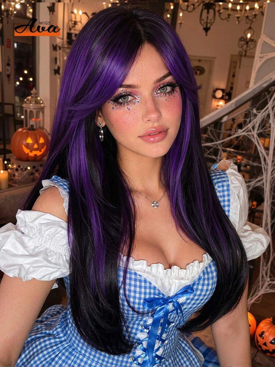 Topshe 20 Inch Black With Purple Highlights Straight Layered Wig, Face-Framing Curtain Bangs, Synthetic Hair, Natural Silky Straight Texture, Heat-Resistant Fiber, Adjustable Breathable Wig Cap, Avant-Garde Deep Purple Highlights Wig, Suitable For Gothic Style Cosplay And Party Looks - Purple - View 1