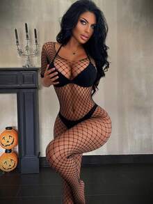 Women's Sexy Lingerie Fishnet Bodysuit Tight-Fitting Long Sleeve Bikini Hollow-Out Transparent Mesh Outfit For Daily Sexy Wear - Black - View 3