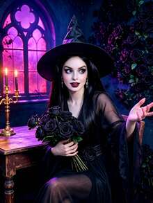 Black Long Straight Synthetic Wig With Attached Witch Hat, Classic Wizard Hairstyle For Halloween Cosplay Party Fancy Dress - Black - View 1