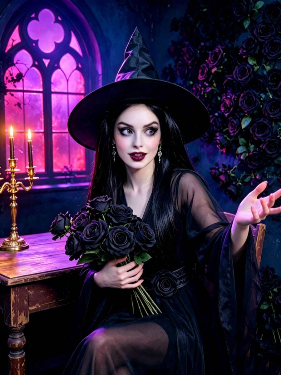Black Long Straight Synthetic Wig With Attached Witch Hat, Classic Wizard Hairstyle For Halloween Cosplay Party Fancy Dress - Black - View 1