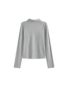 Women's Polo Collar Long Sleeve T-Shirt, Slim Fit, Elegant Inner Layer Top - Grey - View 2