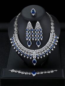 1 Set 5pcs Fashion Luxury Water Drop Zirconia Earrings Necklace Bracelet Ring Women Jewelry Set For Holiday Party Wedding Evening Dress - Water Droplets - View 1