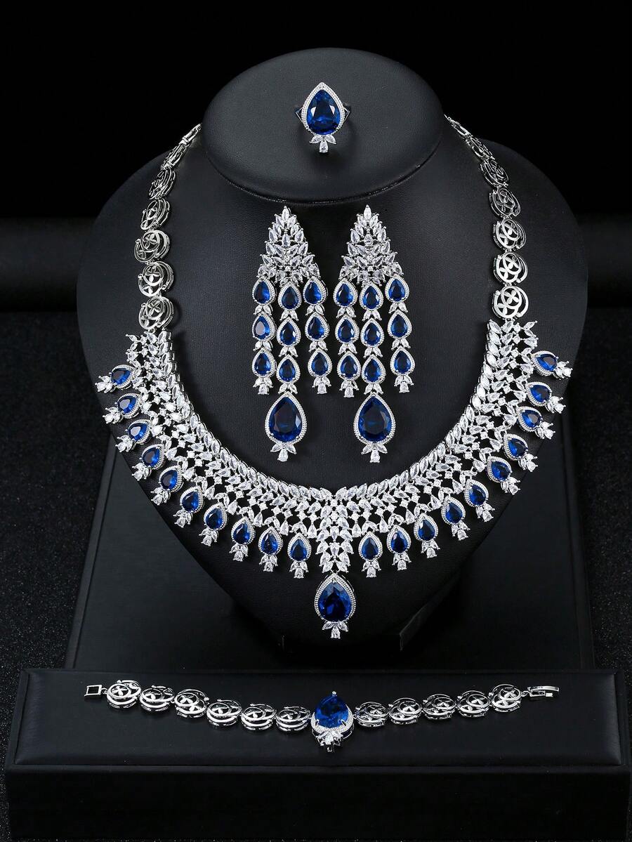 1 Set 5pcs Fashion Luxury Water Drop Zirconia Earrings Necklace Bracelet Ring Women Jewelry Set For Holiday Party Wedding Evening Dress - Water Droplets - View 1