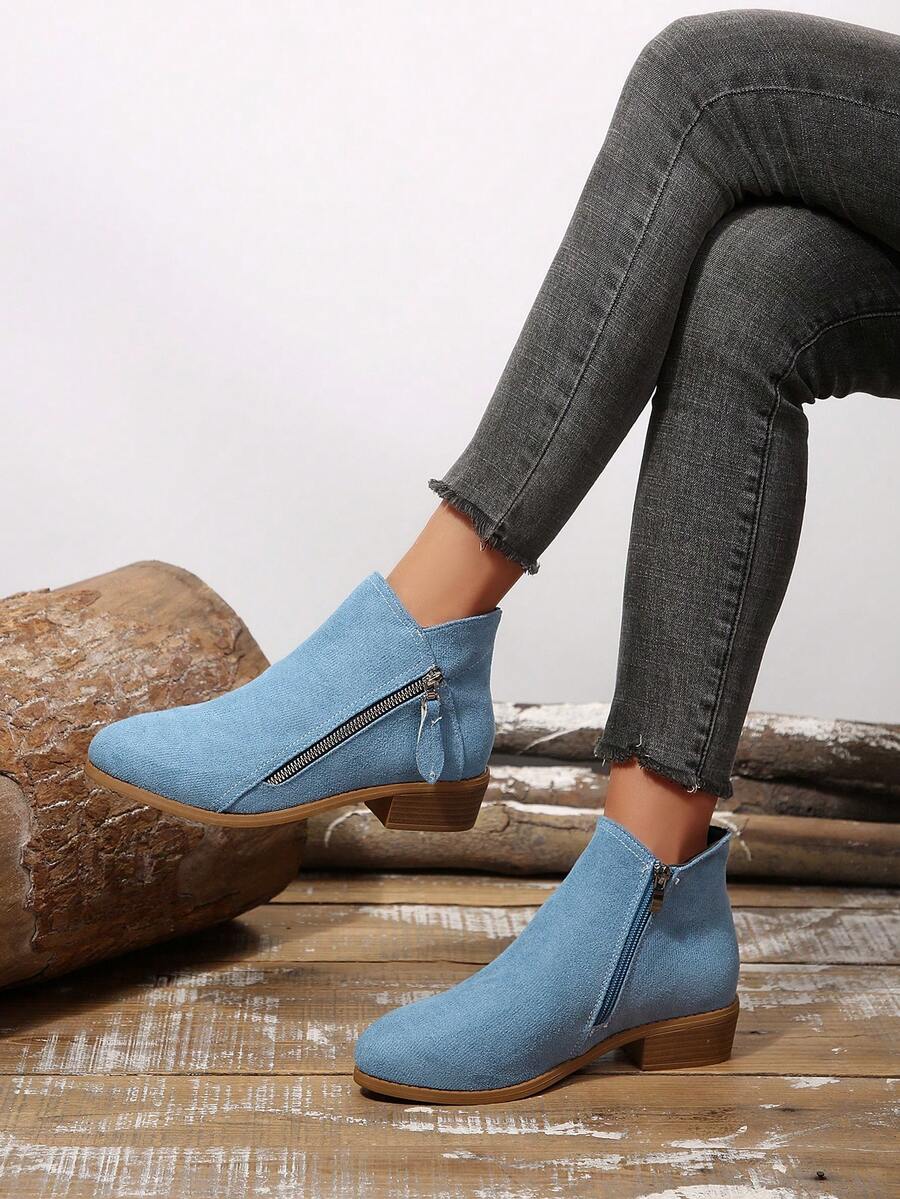 Women's Ankle Boots Pointed Toe Mid-Heel Chunky Heel Double Zipper Boots For Autumn, Suitable For Holidays And Vacations - Blue - View 1