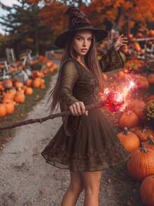 2027.Women's Gothic Elegant Black Halloween Witch Long-Sleeve Mini Dress With Mesh Print - Brown - View 7