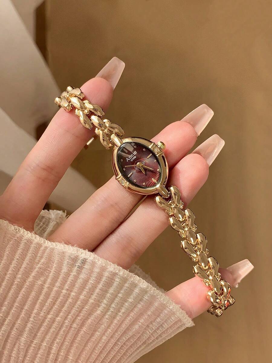 復古紅色橢圓小錶盤獨特金色錶帶細手鍊,精緻女款日常佩戴 - 金色 - 查看 1