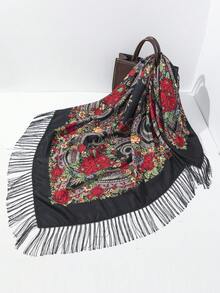 1pc New Women's Vintage Floral Print Shawl Scarf With Tassels, Woven Fabric - Multicolor - View 6