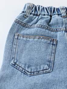 Girls Pink Heart Embroidered Washed Elastic Waist Straight Leg Wide Leg Denim Jeans Suitable For Autumn Daily Wear - Light Wash - View 7
