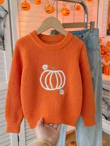 Girls Cute Embroidered Pumpkin Sweater, Crew Neck Long Sleeve Knit Pullover, Suitable For Halloween, Casual Wear, Spring, Autumn, Winter - Orange - View 2