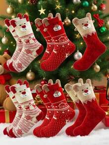 1/3/6/12 Pairs Women's Red Mid-Calf Socks, Printed With Santa Claus, Snowman And Reindeer Patterns, Suitable For Matching Christmas Outfits. - Multicolor - View 1