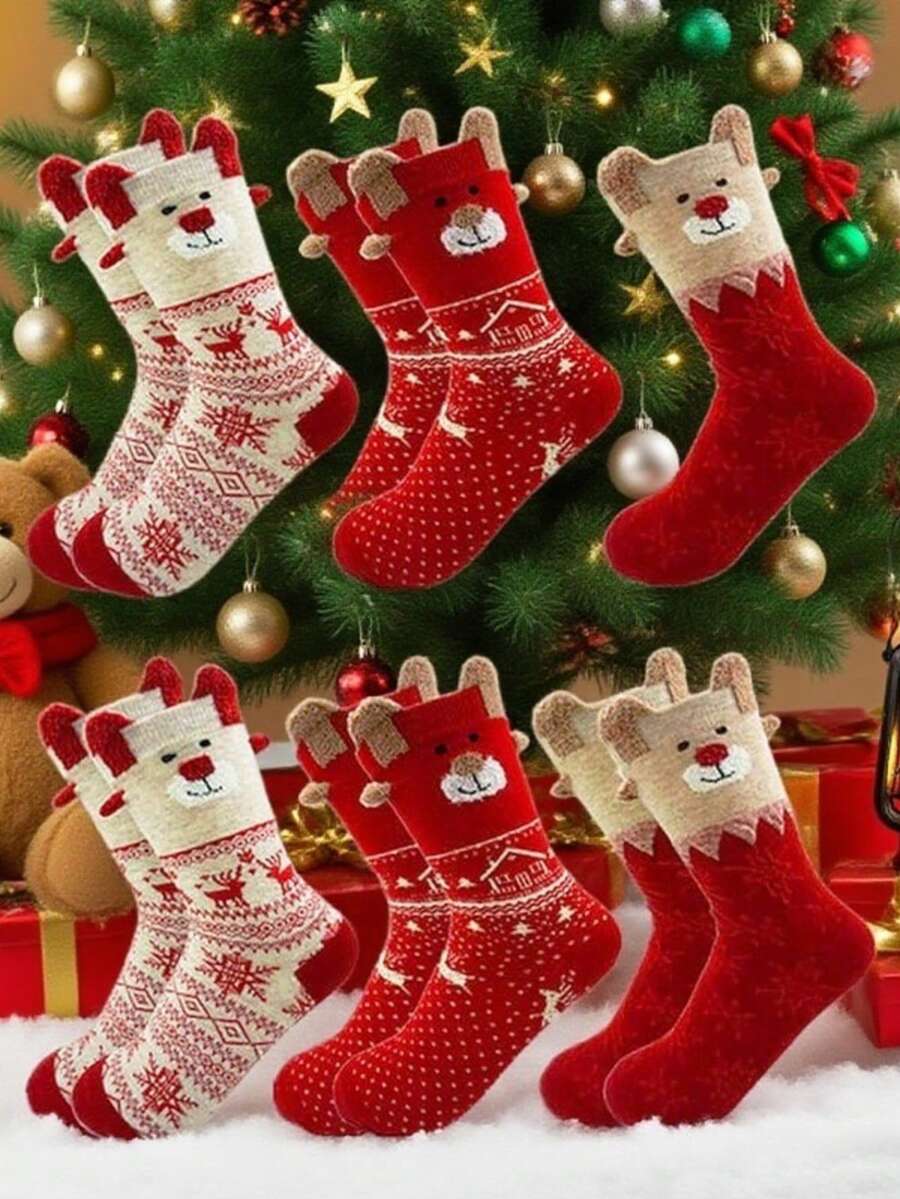 1/3/6/12 Pairs Women's Red Mid-Calf Socks, Printed With Santa Claus, Snowman And Reindeer Patterns, Suitable For Matching Christmas Outfits. - Multicolor - View 1