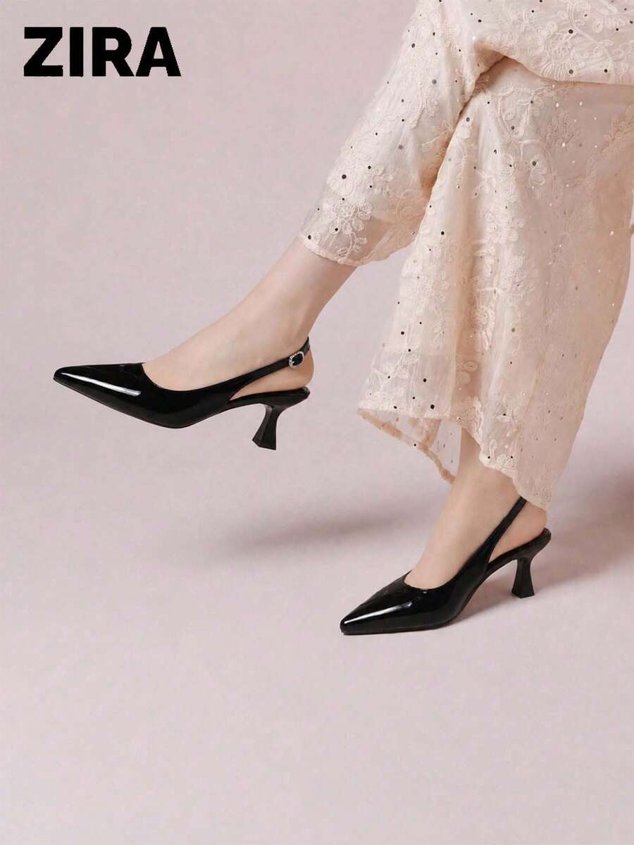 Zira Spring/Summer New Elegant Nude Thin High Heel Pointed Toe Open Back High Heel Sandals For Women - Black - View 1
