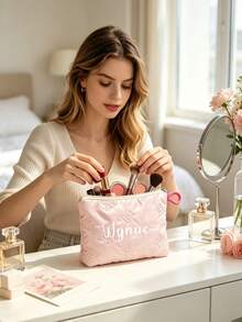 Personalized Custom Name Quilted Makeup Bag, Heart And Bow Embossed Cosmetic Pouch, Zipper Travel Storage Bag, Sanitary Napkin Bag, Custom Gift For Women - Multicolor - View 4