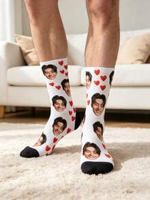 Custom Face Heart Pattern Crew Socks. White Sock Body With Black Toe Caps, Printed With Personalized Portrait Photos And Scattered Red Heart Motifs. - Multicolor - View 3