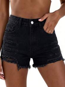 STLY Women's High Waist Slightly Stretchy Distressed Classic Vintage Nostalgic Street Style Hot Girl Rebellious Ripped Frayed Design Sense Black - Black - View 2