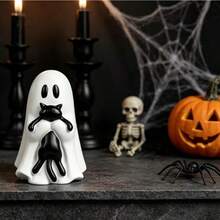 1PC Halloween Playful Ghost Black Cat Resin Figurine - Ghost Hugging a Black Cat - View 2