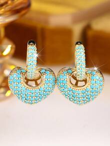 Vanel 1 Pair Bohemian Vintage Heart Lock Hollow Earrings For Women, Suitable For Daily Wear, Beach Vacation, Party, Outing - Golden-blue - View 6