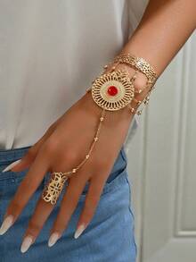 1pc Middle Eastern Fashion Gothic Style Hollow Linked Finger Bracelet, Random Quantity Of Chain And Beads - Golden Yellow + Red - View 4